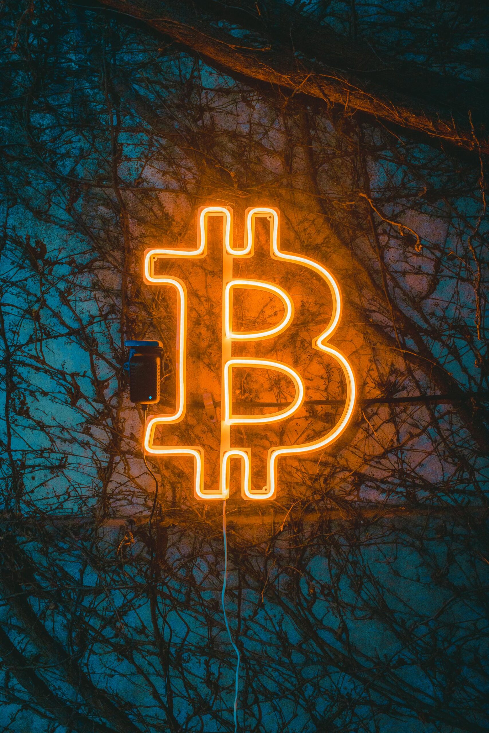 A glowing Bitcoin neon sign adds ambiance against a textured wall, ideal for cryptocurrency themes.